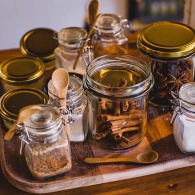 Glass Spice Jars on Wooden Tray